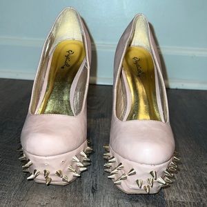 Qupid Studded Pink Heels with Glass Back Heels. Worn. Missing a few studs.